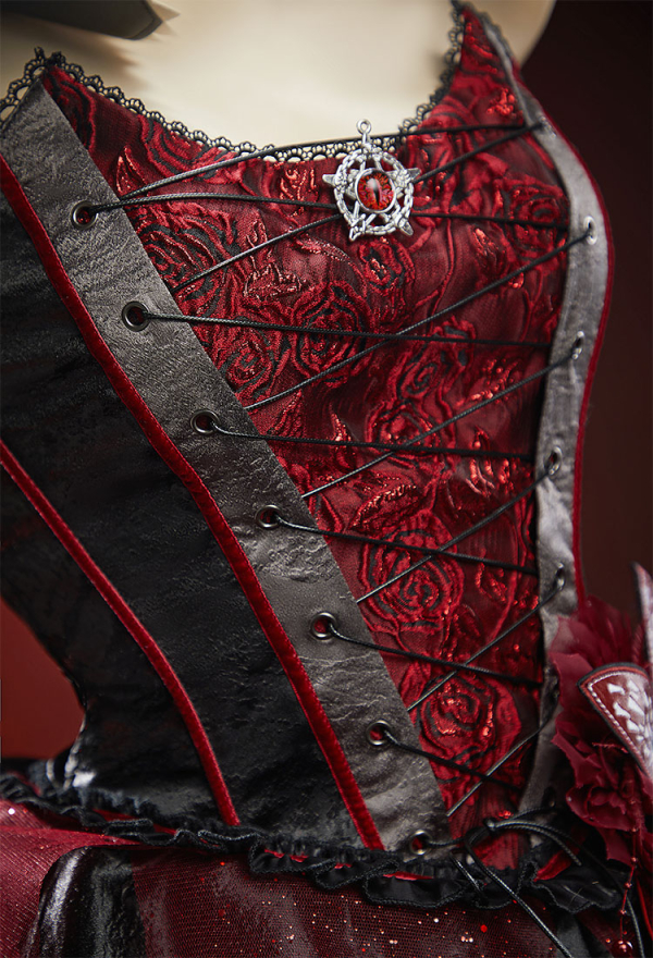Venomous Bloom Gothic Black Red Dress Off-the-Shoulder Irregular Layered Dress with Choker