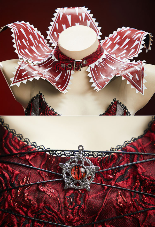 Venomous Bloom Gothic Black Red Dress Off-the-Shoulder Irregular Layered Dress with Choker