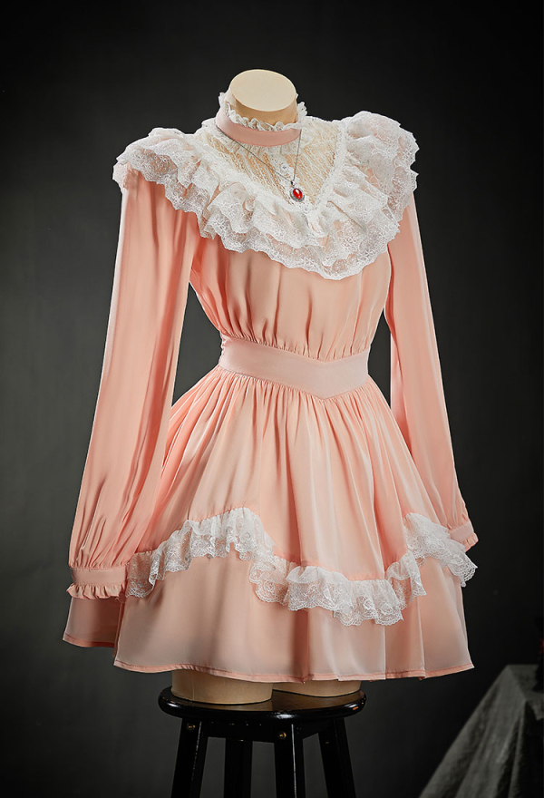 Oddity Vault: 1890 Halloween Peach Pink Dress Vintage Lace Dress with Necklace
