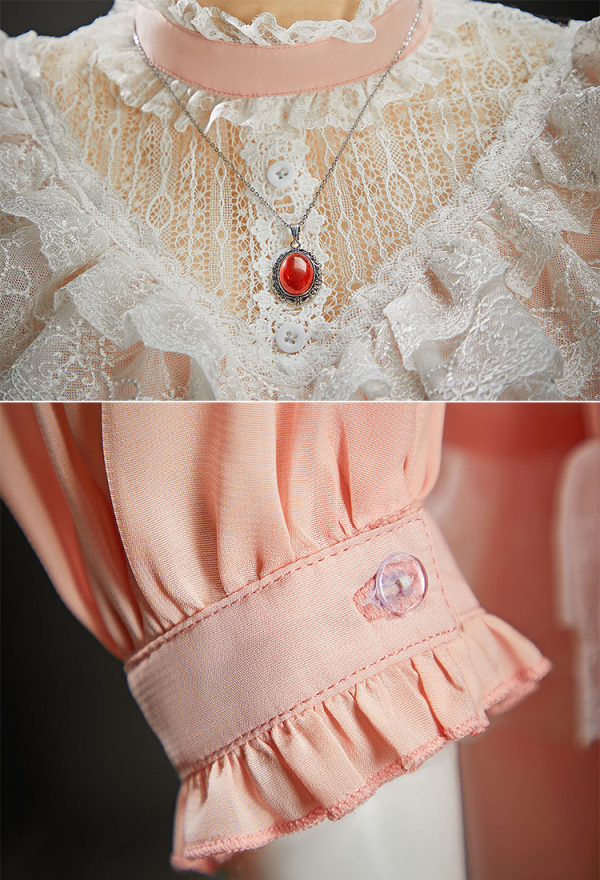 Oddity Vault: 1890 Halloween Peach Pink Dress Vintage Lace Dress with Necklace