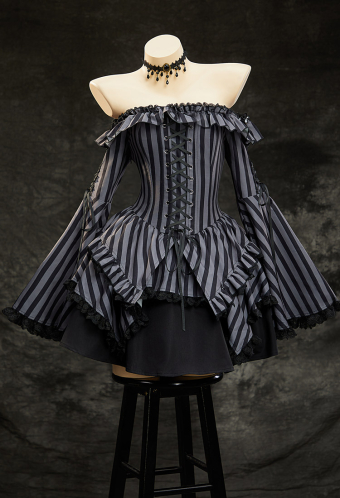 Dark Chapel Gothic Retro Striped Dress Off-the-Shoulder Bell-Sleeve Dress with Choker
