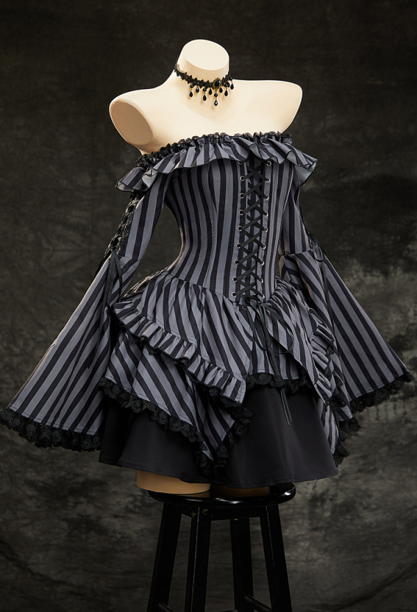 Dark Chapel Gothic Retro Striped Dress Off-the-Shoulder Bell-Sleeve Dress with Choker