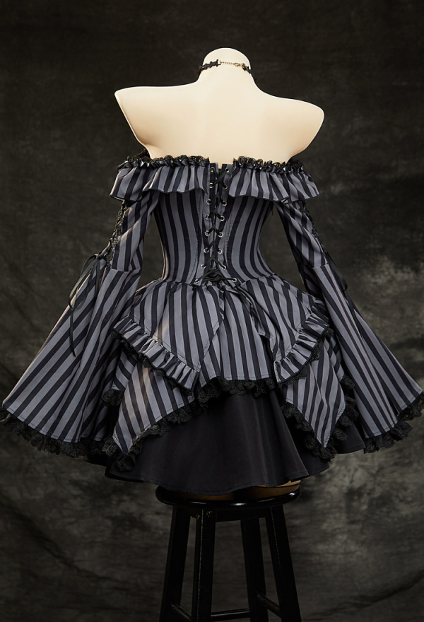 Dark Chapel Gothic Retro Striped Dress Off-the-Shoulder Bell-Sleeve Dress with Choker
