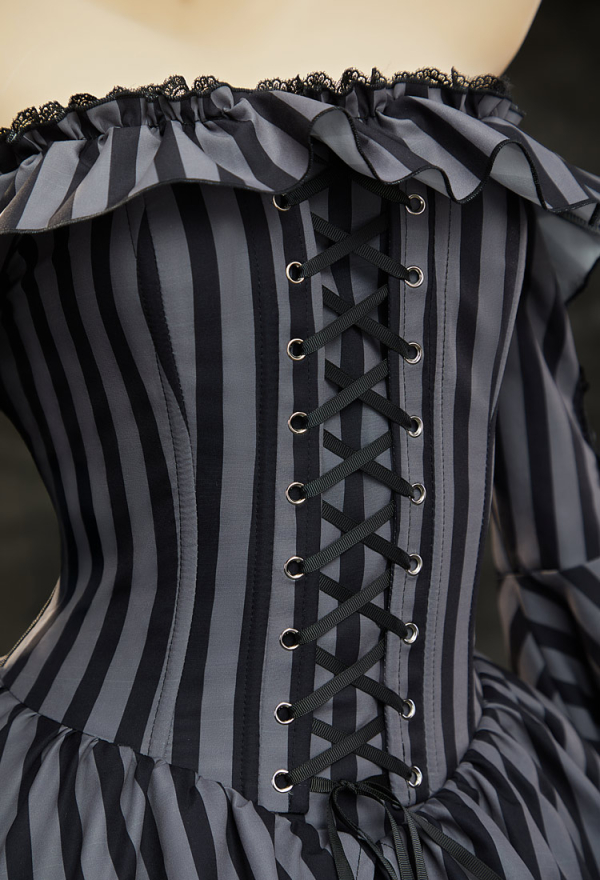 Dark Chapel Gothic Retro Striped Dress Off-the-Shoulder Bell-Sleeve Dress with Choker