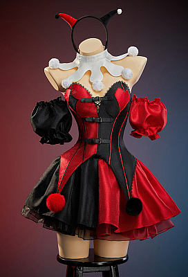 Moonlit Jester Red Black Patchwork Corset Skirt Set Off-shoulder Corset and Layered Skirt with Collar and Headband Moonlit Jester Red Black Patchwork Corset Skirt Set Off-shoulder Corset and Layered Skirt with Collar and Headband