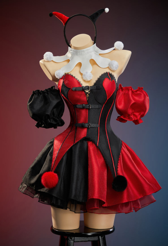 Moonlit Jester Red Black Patchwork Corset Skirt Set Off-shoulder Corset and Layered Skirt with Collar and Headband