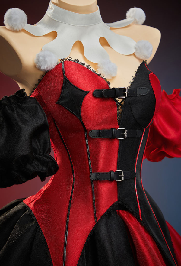 Moonlit Jester Red Black Patchwork Corset Skirt Set Off-shoulder Corset and Layered Skirt with Collar and Headband Moonlit Jester Red Black Patchwork Corset Skirt Set Off-shoulder Corset and Layered Skirt with Collar and Headband