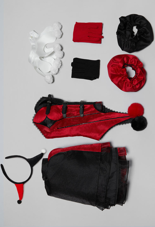 Moonlit Jester Red Black Patchwork Corset Skirt Set Off-shoulder Corset and Layered Skirt with Collar and Headband Moonlit Jester Red Black Patchwork Corset Skirt Set Off-shoulder Corset and Layered Skirt with Collar and Headband