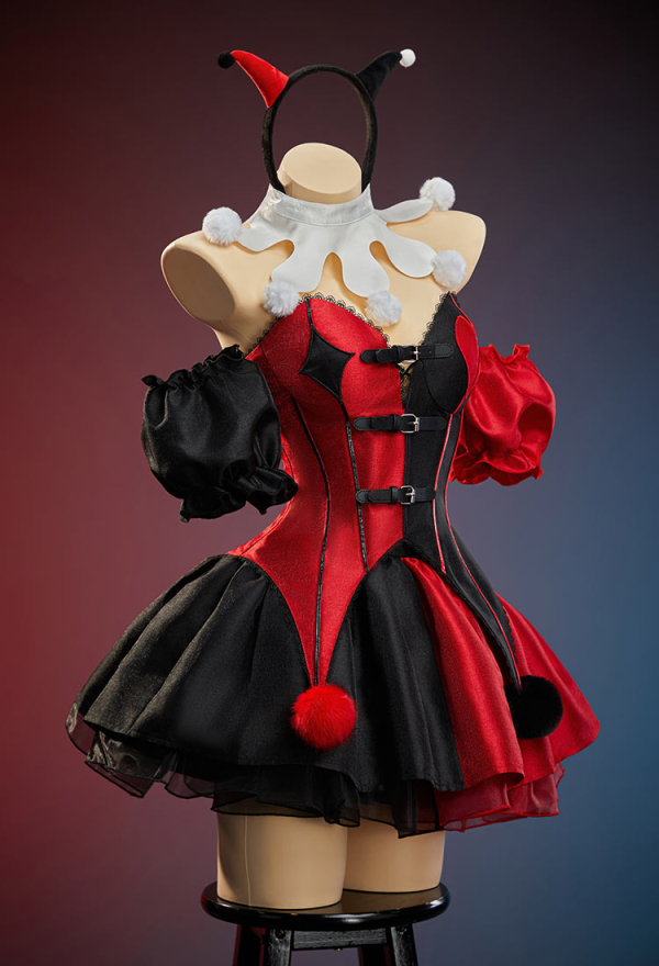 Moonlit Jester Red Black Patchwork Corset Skirt Set Off-shoulder Corset and Layered Skirt with Collar and Headband Moonlit Jester Red Black Patchwork Corset Skirt Set Off-shoulder Corset and Layered Skirt with Collar and Headband