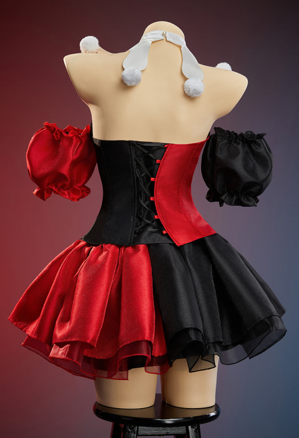 Moonlit Jester Red Black Patchwork Corset Skirt Set Off-shoulder Corset and Layered Skirt with Collar and Headband Moonlit Jester Red Black Patchwork Corset Skirt Set Off-shoulder Corset and Layered Skirt with Collar and Headband