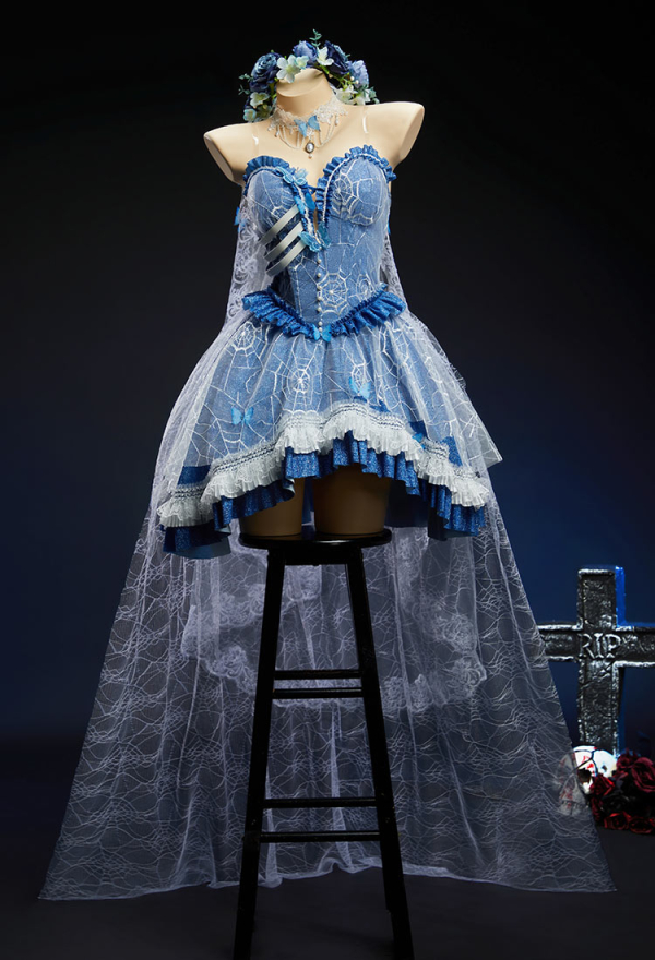 The Bride Halloween Corpse Bride Dress Spiderweb Design Off-the-Shoulder Layered Dress with Veil and Tail Skirt
