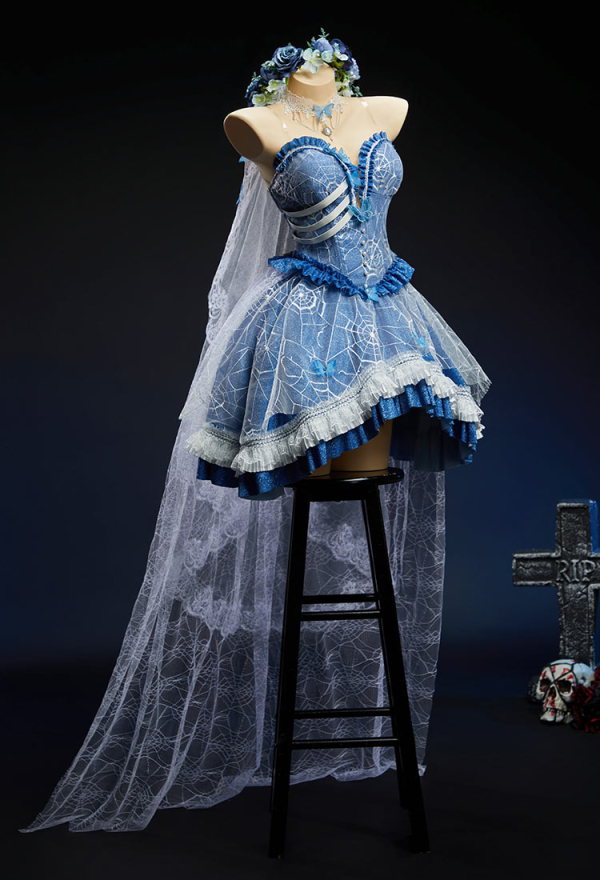 The Bride Halloween Corpse Bride Dress Spiderweb Design Off-the-Shoulder Layered Dress with Veil and Tail Skirt