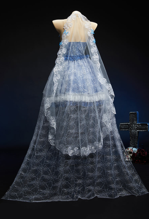 The Bride Halloween Corpse Bride Dress Spiderweb Design Off-the-Shoulder Layered Dress with Veil and Tail Skirt