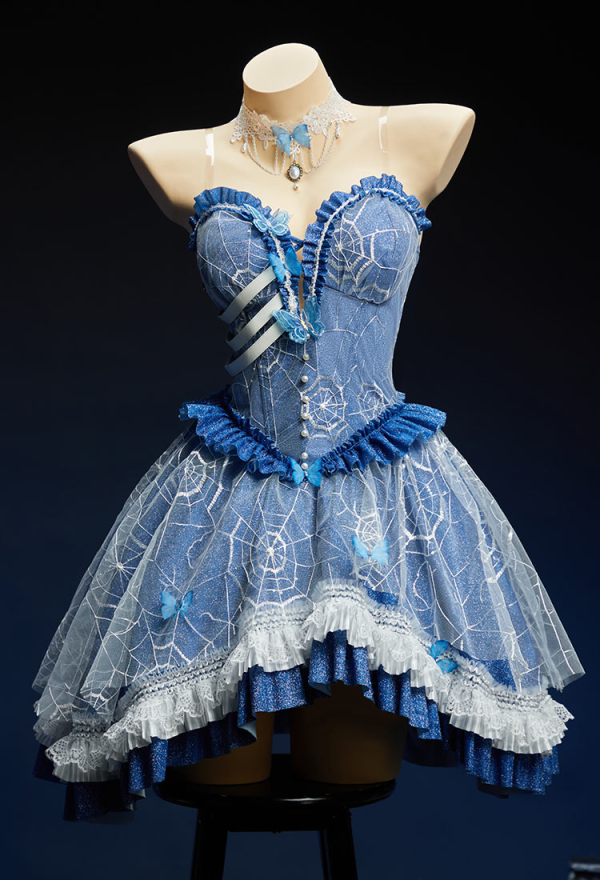 The Bride Halloween Corpse Bride Dress Spiderweb Design Off-the-Shoulder Layered Dress with Veil and Tail Skirt