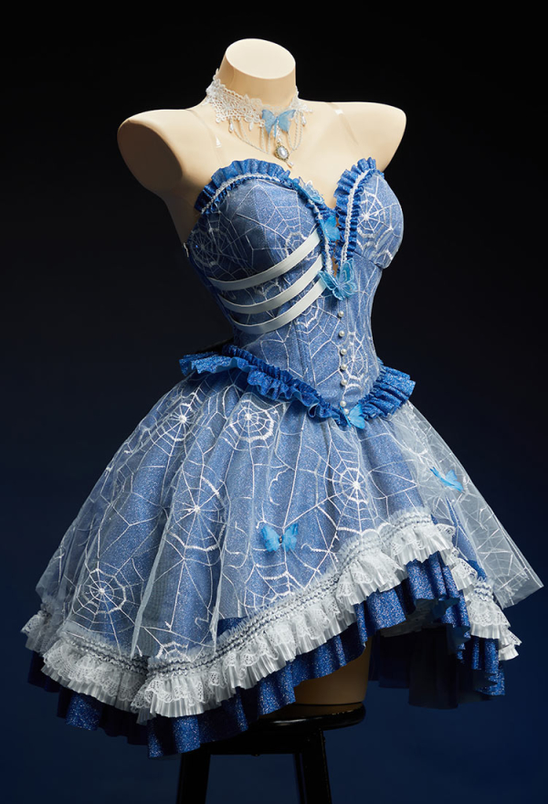 The Bride Halloween Corpse Bride Dress Spiderweb Design Off-the-Shoulder Layered Dress with Veil and Tail Skirt
