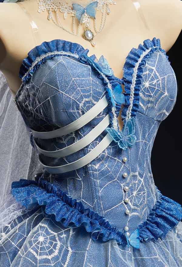 The Bride Halloween Corpse Bride Dress Spiderweb Design Off-the-Shoulder Layered Dress with Veil and Tail Skirt