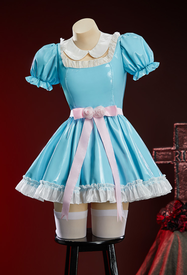 Check-in 237 Halloween Blue Square-Neck Short Dress Puff-Sleeve Dress with Belt and Collar
