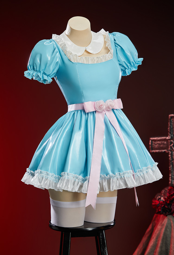 Check-in 237 Halloween Blue Square-Neck Short Dress Puff-Sleeve Dress with Belt and Collar