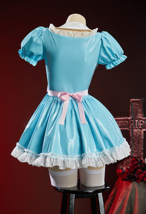 Check-in 237 Halloween Blue Square-Neck Short Dress Puff-Sleeve Dress with Belt and Collar