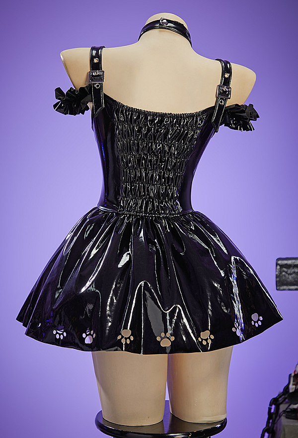 Gothic Black Cat PU Leather Dress Halter Dress with Cat-Ear Hair Clips and Gloves Gothic Black Cat PU Leather Dress Halter Dress with Cat-Ear Hair Clips and Gloves