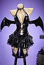 Halloween Gothic Devil Bat Black PU Leather Dress Deep-V Halter Dress with Wings and Thigh-High Stockings