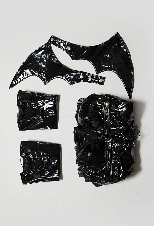 Halloween Gothic Devil Bat Black PU Leather Dress Deep-V Halter Dress with Wings and Thigh-High Stockings
