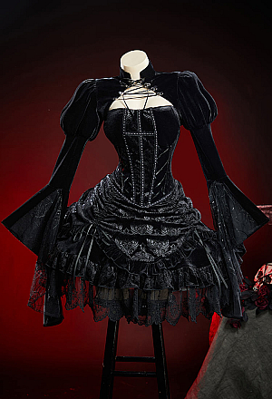 Nocturne in Black Gothic Black Winter Velvet Suit Coffin Design Dress with Short Jacket