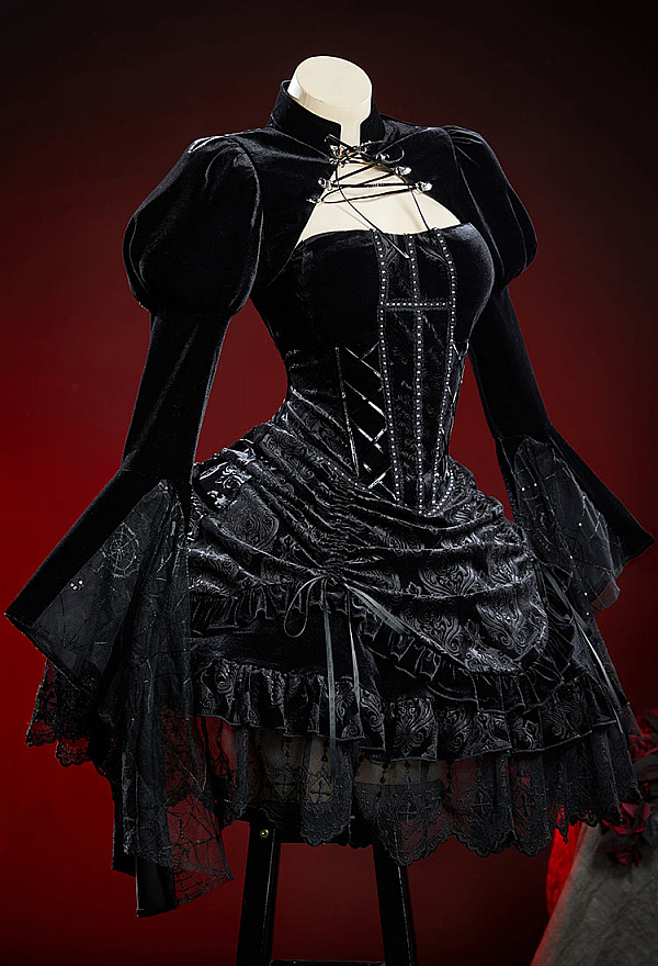 Nocturne in Black Gothic Black Winter Velvet Suit Coffin Design Dress with Short Jacket Nocturne in Black Gothic Black Winter Velvet Suit Coffin Design Dress with Short Jacket