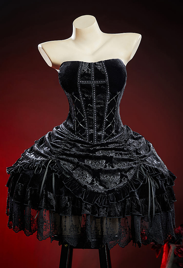 Nocturne in Black Gothic Black Winter Velvet Suit Coffin Design Dress with Short Jacket Nocturne in Black Gothic Black Winter Velvet Suit Coffin Design Dress with Short Jacket