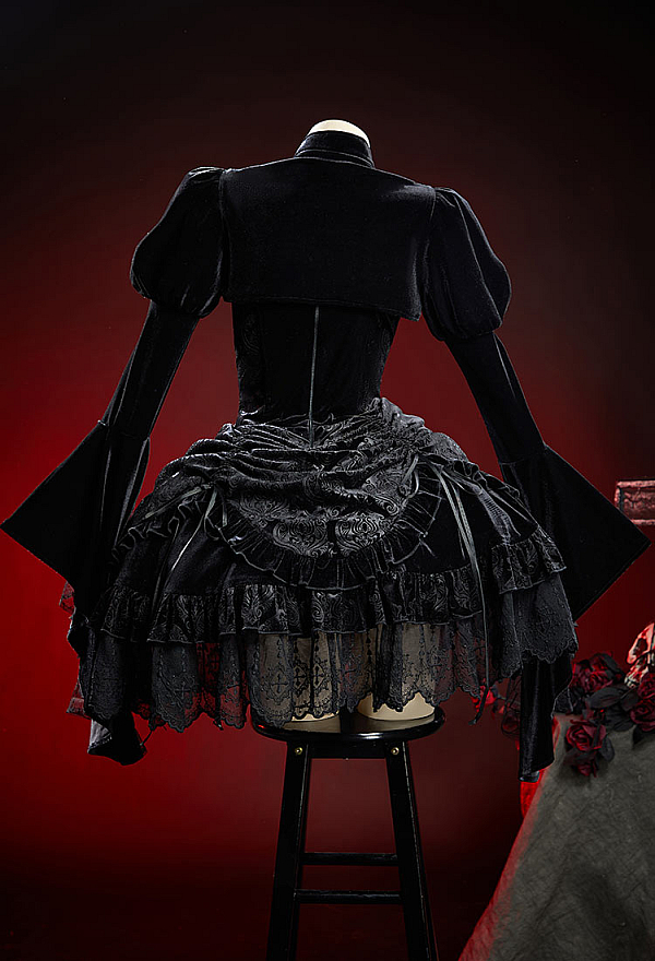 Nocturne in Black Gothic Black Winter Velvet Suit Coffin Design Dress with Short Jacket Nocturne in Black Gothic Black Winter Velvet Suit Coffin Design Dress with Short Jacket