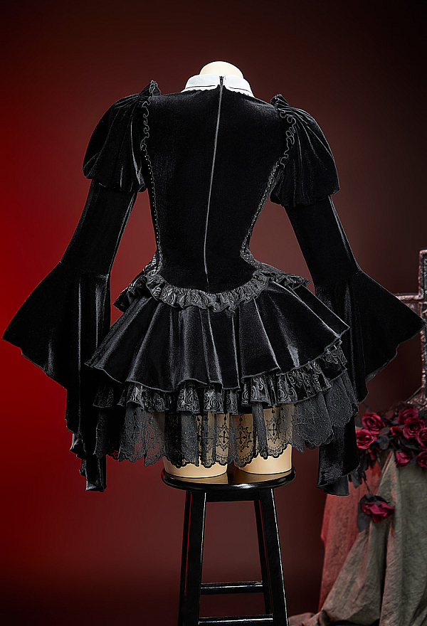 Nocturne in Black Gothic Black Velvet Petal Corset Skirt Set Flared-sleeve Corset and Layered Skirt