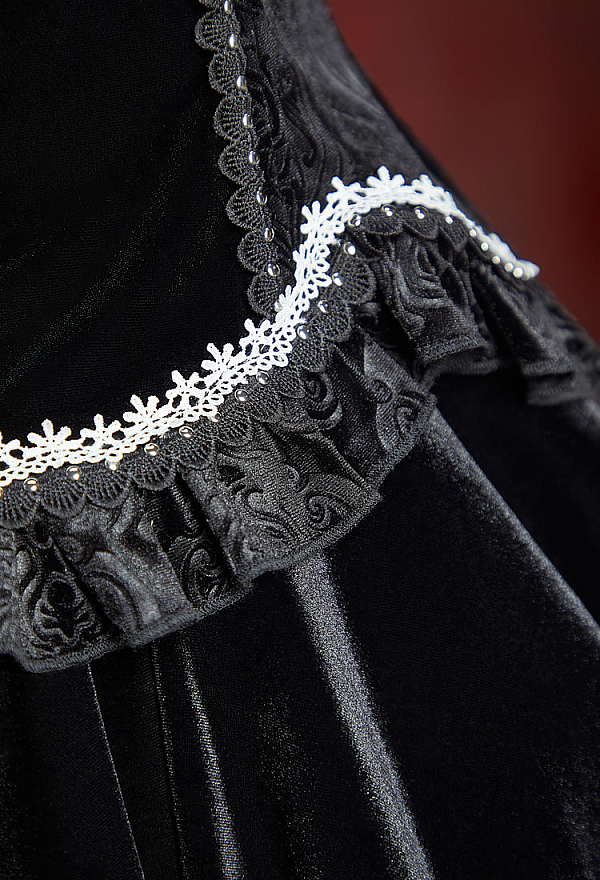 Nocturne in Black Gothic Black Velvet Petal Corset Skirt Set Flared-sleeve Corset and Layered Skirt
