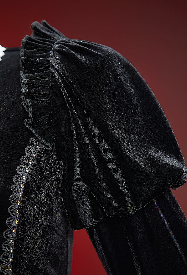 Nocturne in Black Gothic Black Velvet Petal Corset Skirt Set Flared-sleeve Corset and Layered Skirt
