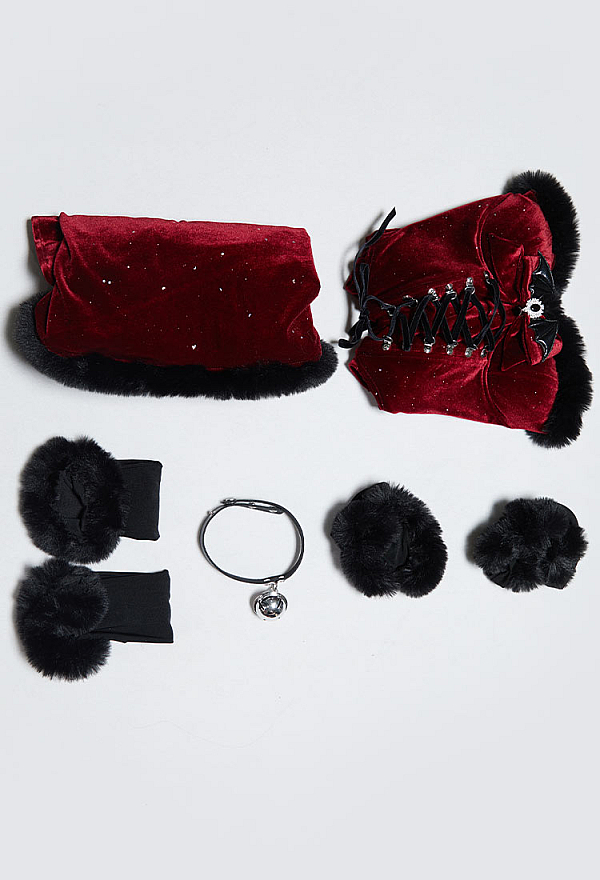 Silent Night Christmas Gothic Plush Suit Winter Velvet Bodysuit with Hooded Cloak and Gloves Silent Night Christmas Gothic Plush Suit Winter Velvet Bodysuit with Hooded Cloak and Gloves