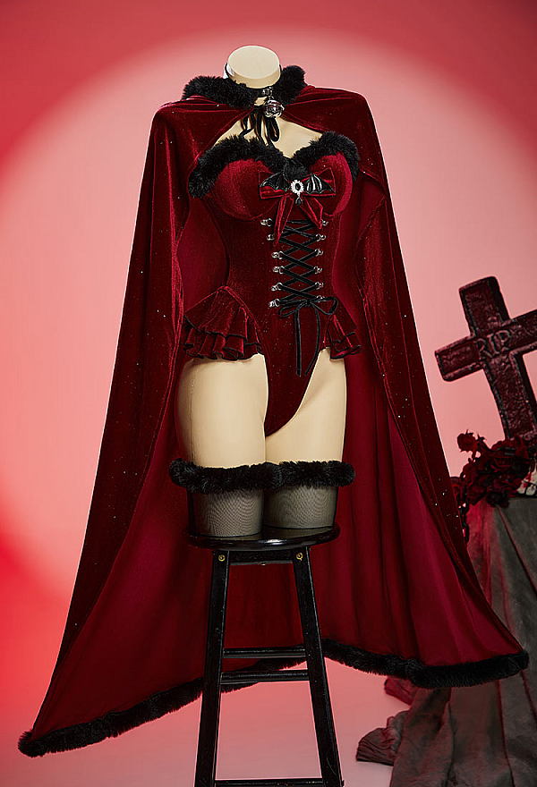 Silent Night Christmas Gothic Plush Suit Winter Velvet Bodysuit with Hooded Cloak and Gloves Silent Night Christmas Gothic Plush Suit Winter Velvet Bodysuit with Hooded Cloak and Gloves