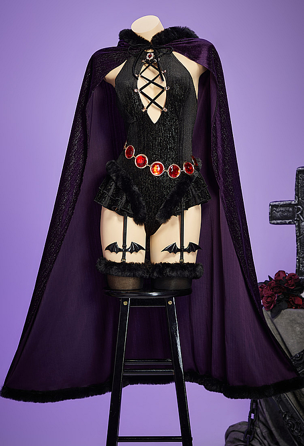Love Healer Gothic Purple Plush Suit Winter Velvet Bodysuit with Hooded Cloak and Gloves Love Healer Gothic Purple Plush Suit Winter Velvet Bodysuit with Hooded Cloak and Gloves