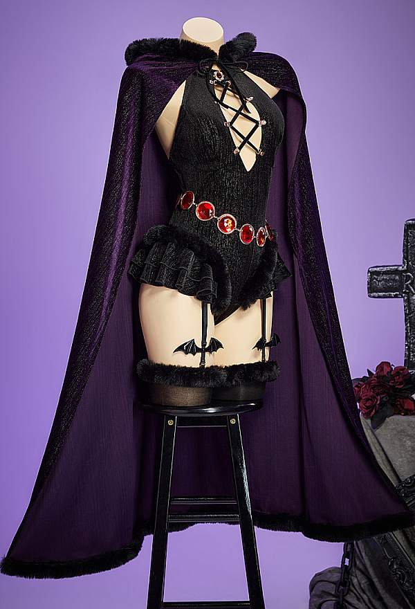 Love Healer Gothic Purple Plush Suit Winter Velvet Bodysuit with Hooded Cloak and Gloves Love Healer Gothic Purple Plush Suit Winter Velvet Bodysuit with Hooded Cloak and Gloves