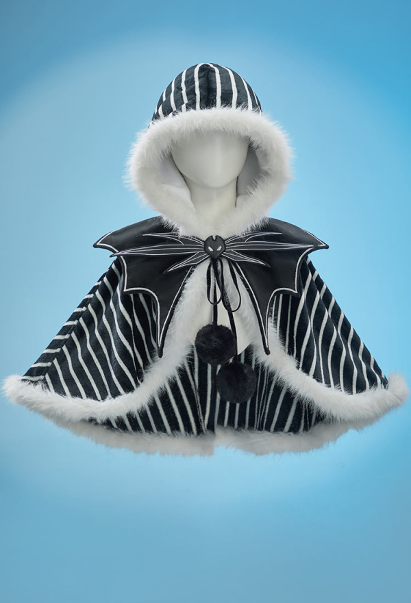 Sweet Nightmare Halloween Black and White Striped Plush Cape Reversible Hooded Cape with Collar