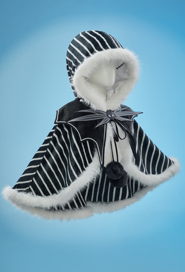 Sweet Nightmare Halloween Black and White Striped Plush Cape Reversible Hooded Cape with Collar
