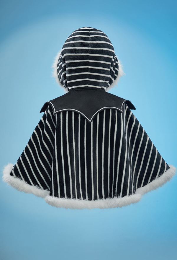 Sweet Nightmare Halloween Black and White Striped Plush Cape Reversible Hooded Cape with Collar