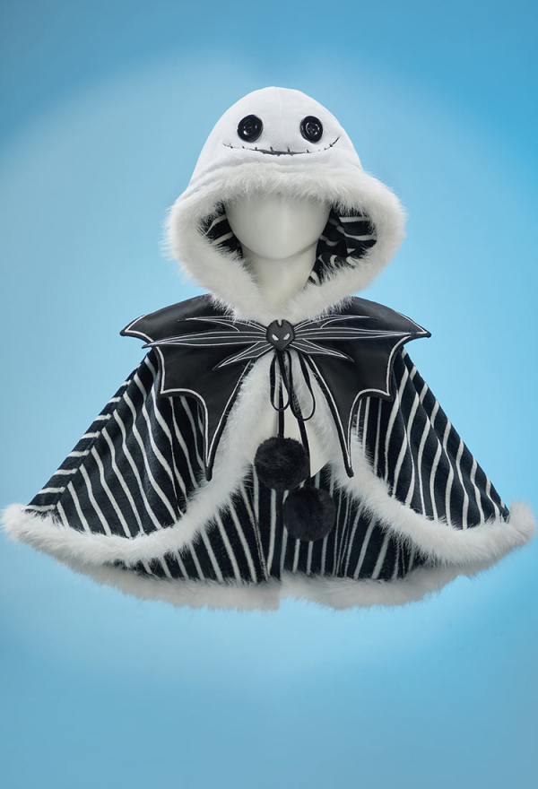 Sweet Nightmare Halloween Black and White Striped Plush Cape Reversible Hooded Cape with Collar
