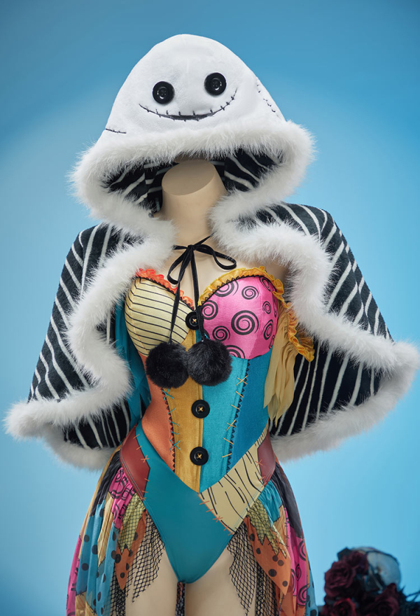 Sweet Nightmare Halloween Black and White Striped Plush Cape Reversible Hooded Cape with Collar