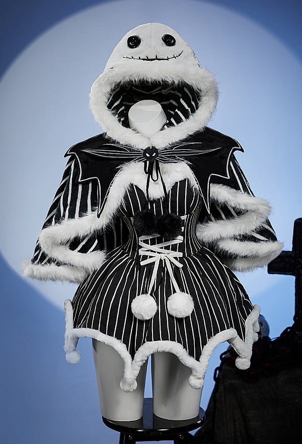 Sweet Nightmare Halloween Black and White Striped Plush Cape Reversible Hooded Cape with Collar
