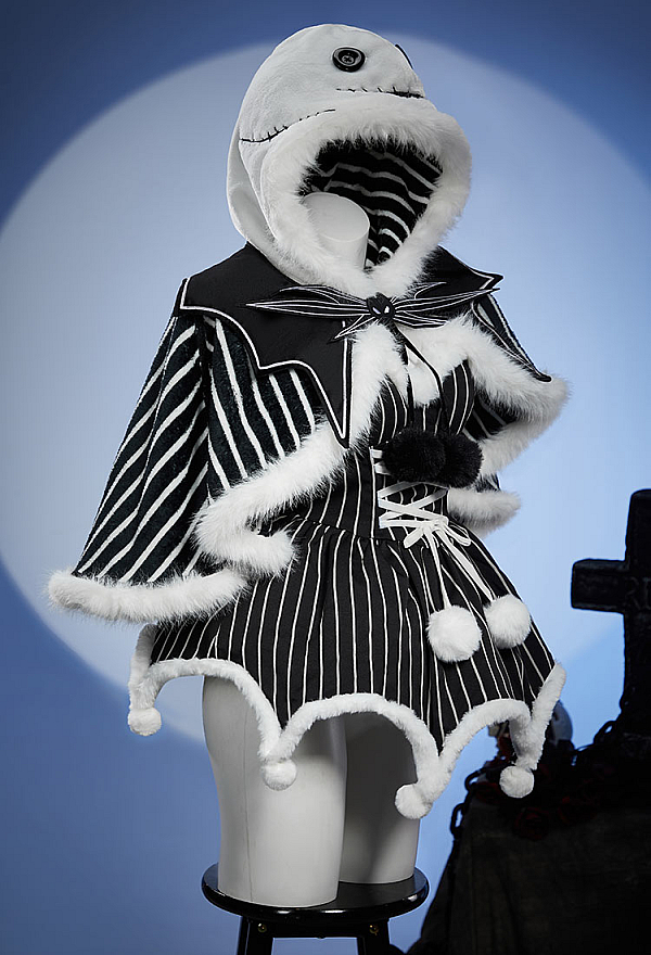Sweet Nightmare Halloween Black and White Striped Plush Cape Reversible Hooded Cape with Collar