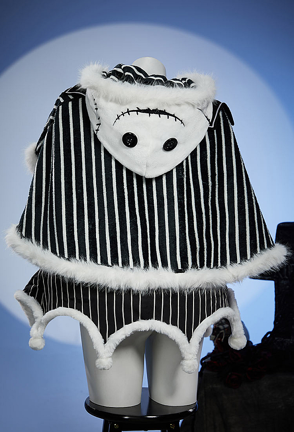Sweet Nightmare Halloween Black and White Striped Plush Cape Reversible Hooded Cape with Collar