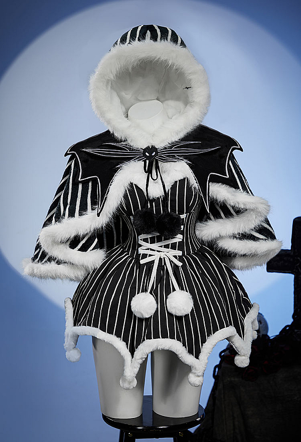 Sweet Nightmare Halloween Black and White Striped Plush Cape Reversible Hooded Cape with Collar