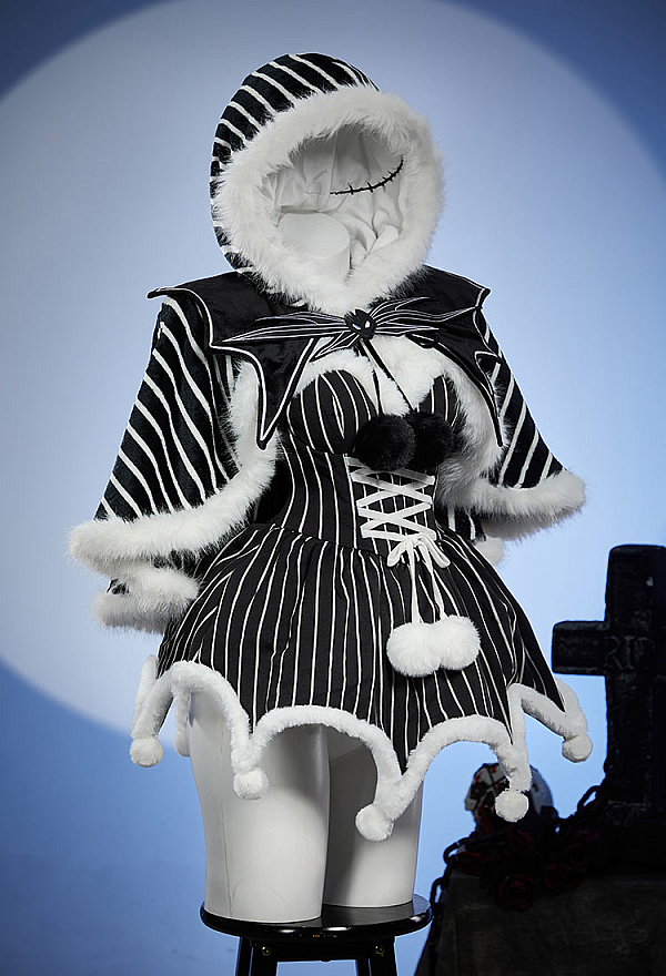 Sweet Nightmare Halloween Black and White Striped Plush Cape Reversible Hooded Cape with Collar
