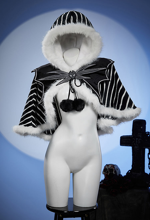 Sweet Nightmare Halloween Black and White Striped Plush Cape Reversible Hooded Cape with Collar