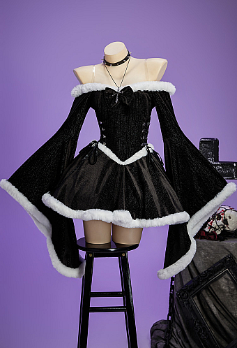 Christmas Gothic Plush Dress Winter Velvet Off-the-Shoulder Dress with Choker and Necklace