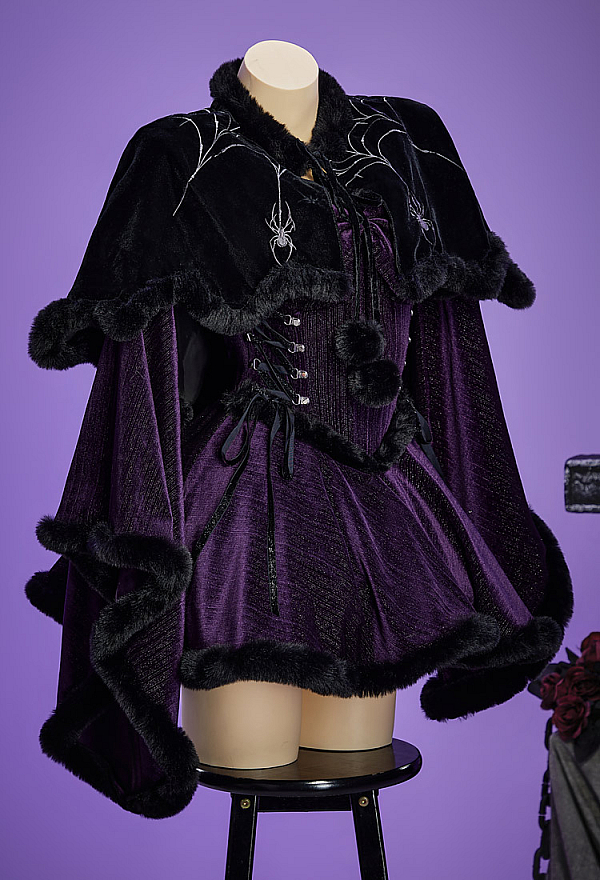 Christmas Gothic Plush Dress Winter Velvet Off-the-Shoulder Dress with Choker and Necklace Christmas Gothic Plush Dress Winter Velvet Off-the-Shoulder Dress with Choker and Necklace